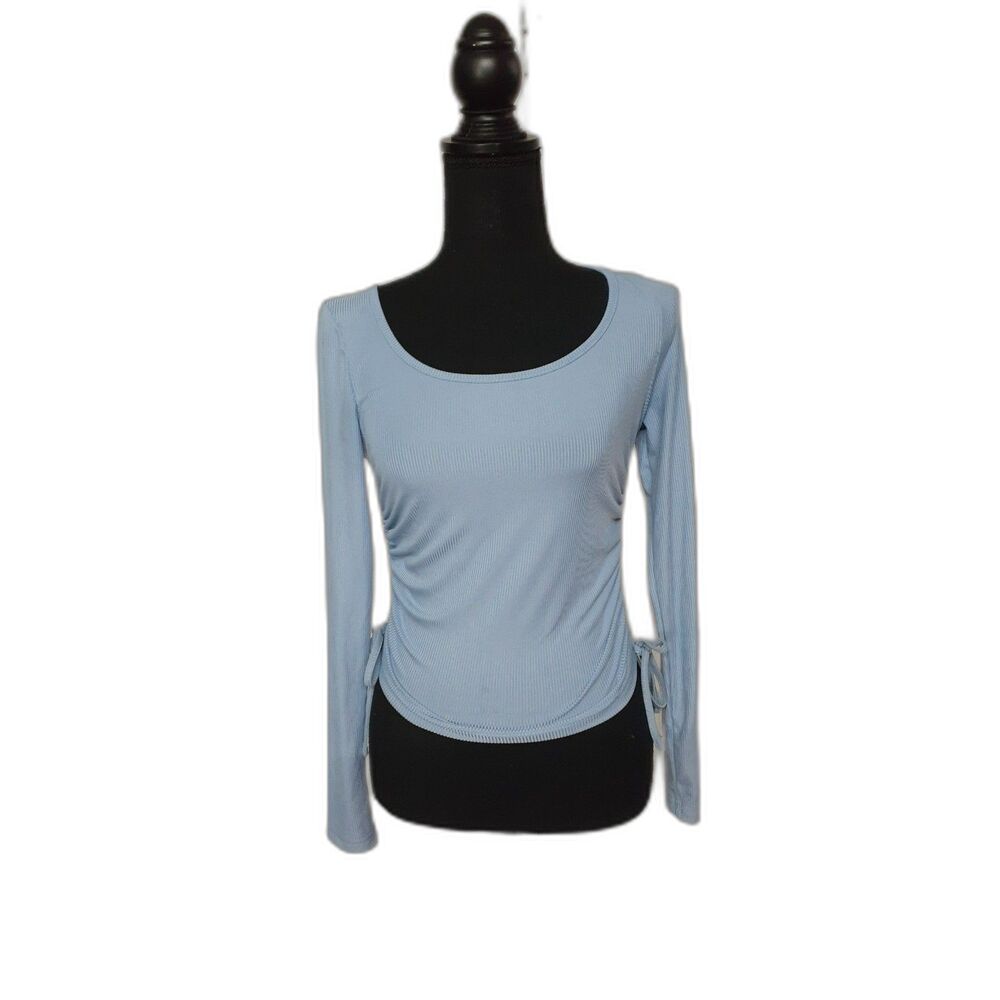 SHEIN Women's Light Blue Long Sleeve Ribbed Top Side Tie Ruched Size S #386